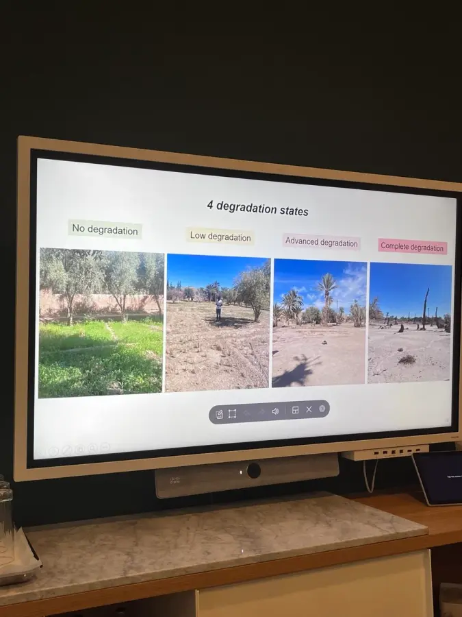Presentation slide titled “4 degradation states”, showing field photographs graded from no degradation through low and advanced to complete degradation.